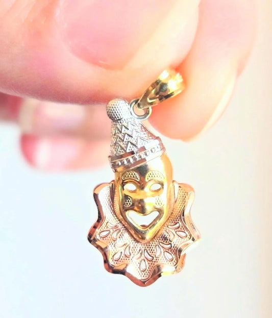 Vintage 10K three-tone gold clown jester pendant in white yellow and rose gold