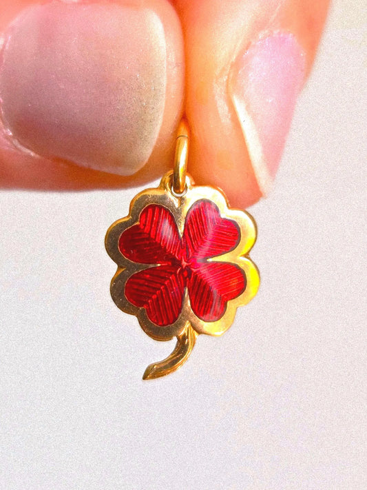 Vintage 14k Gold Red Four Leaf Clover Pendant Charm