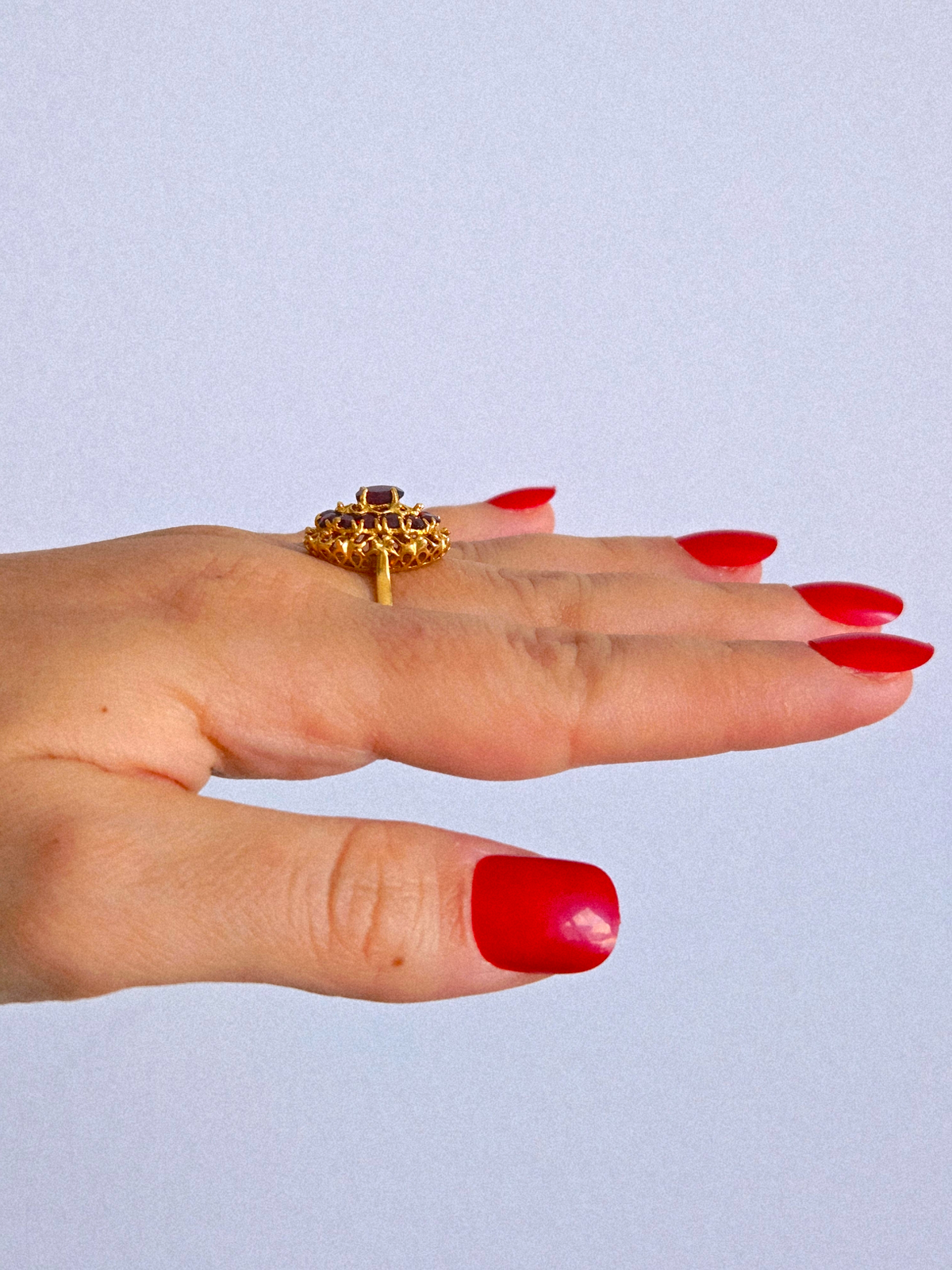 Vintage 18K 750 Gold Granat Filigran Ring - Größe 7.5, italienische Punzen
