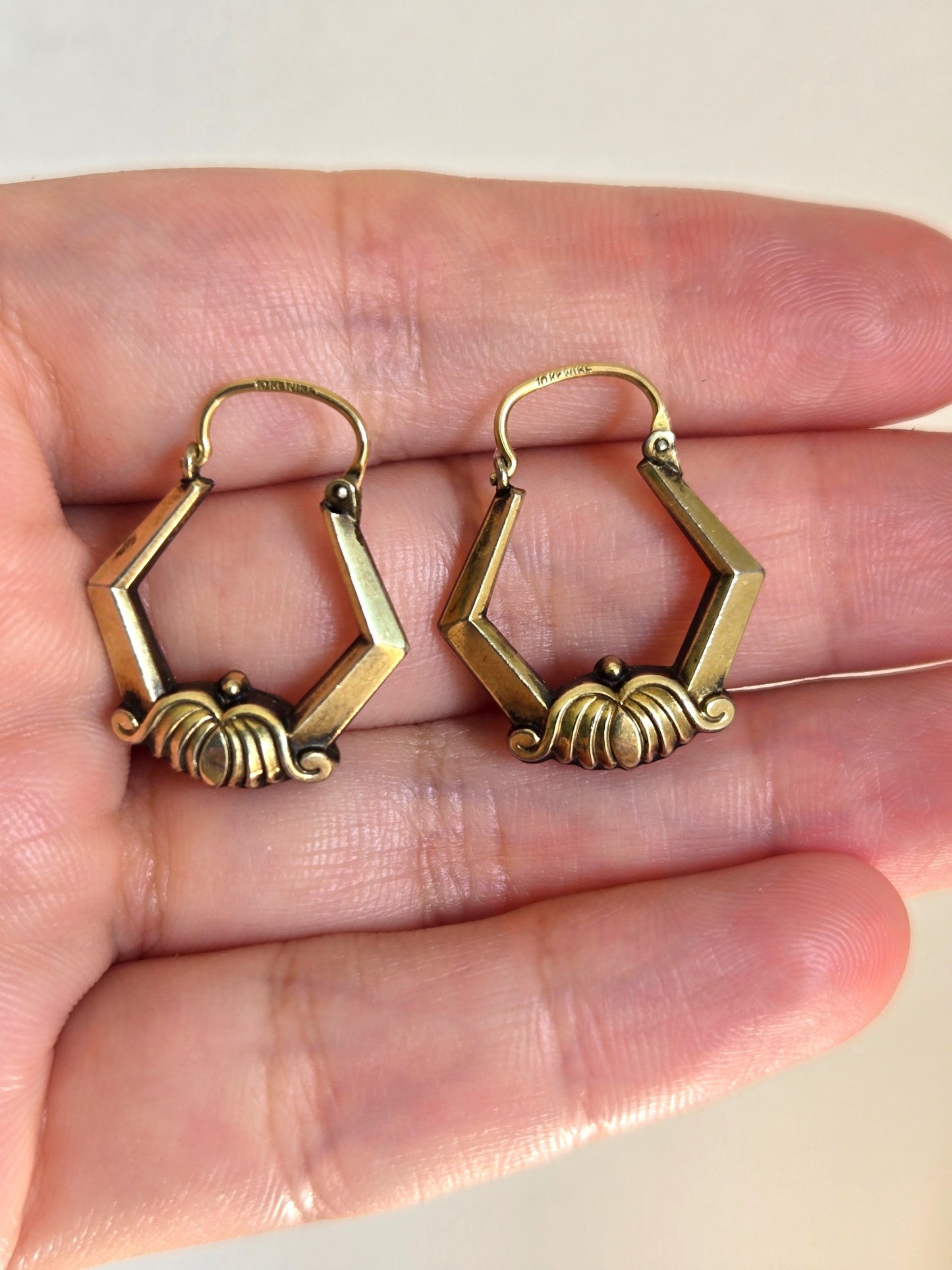 Vintage Art Deco Brass Hoop Earrings - 10k Gold Wire