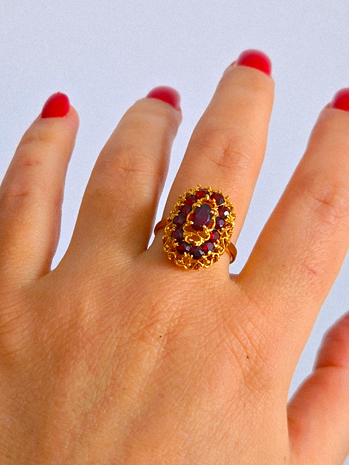 Vintage 18K 750 Gold Granat Filigran Ring - Größe 7.5, italienische Punzen