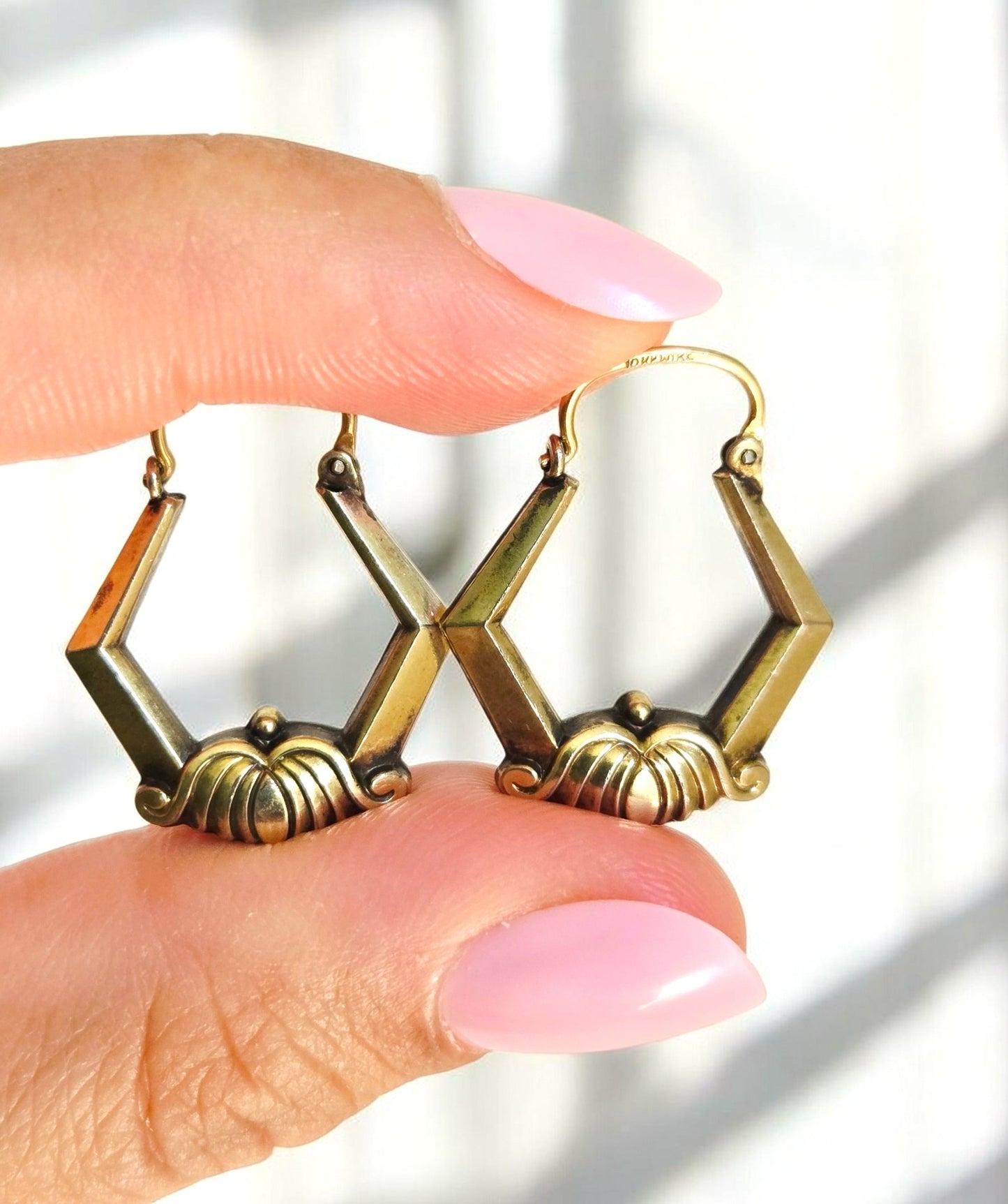 Vintage Art Deco Brass Hoop Earrings - 10k Gold Wire