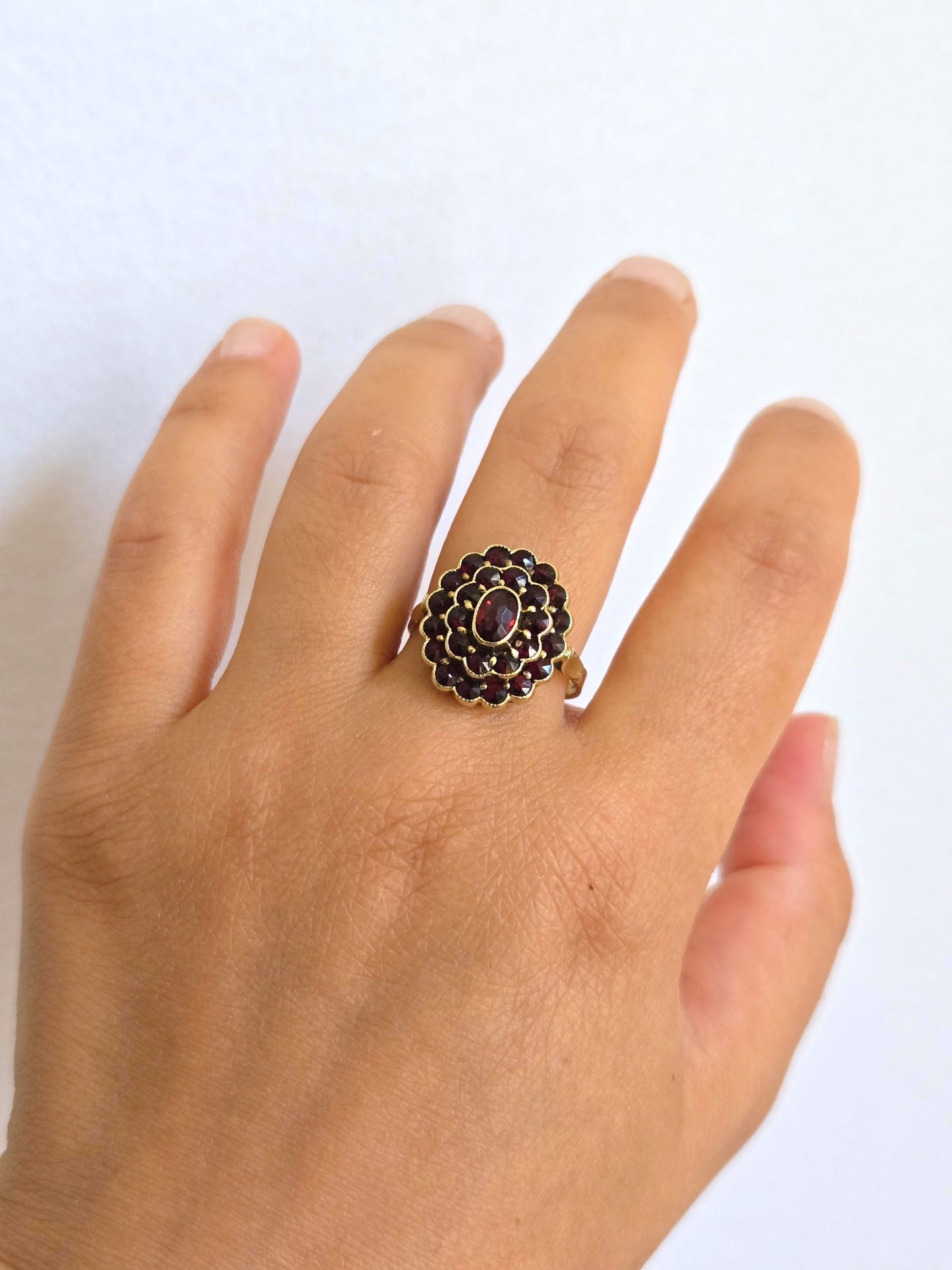 Antique 14K Gold Garnet Cluster Ring, 1920s Art Deco Era - Size 8, January Birthstone
