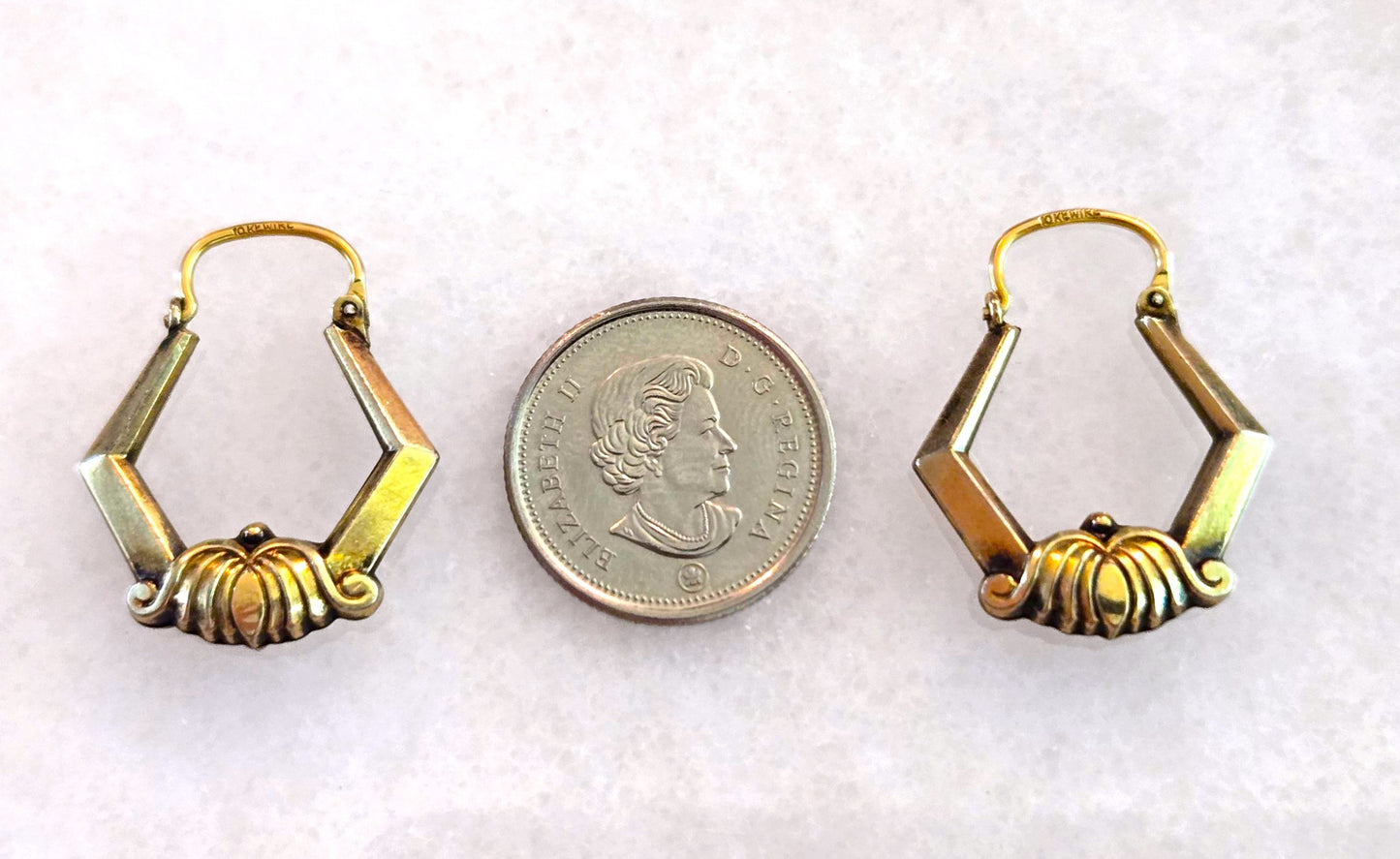 Vintage Art Deco Brass Hoop Earrings - 10k Gold Wire