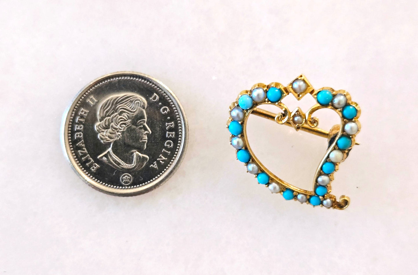 Antique 15ct Gold British Victorian Era Heart Brooch Turquoise Cabachon Seed Pearl Pin