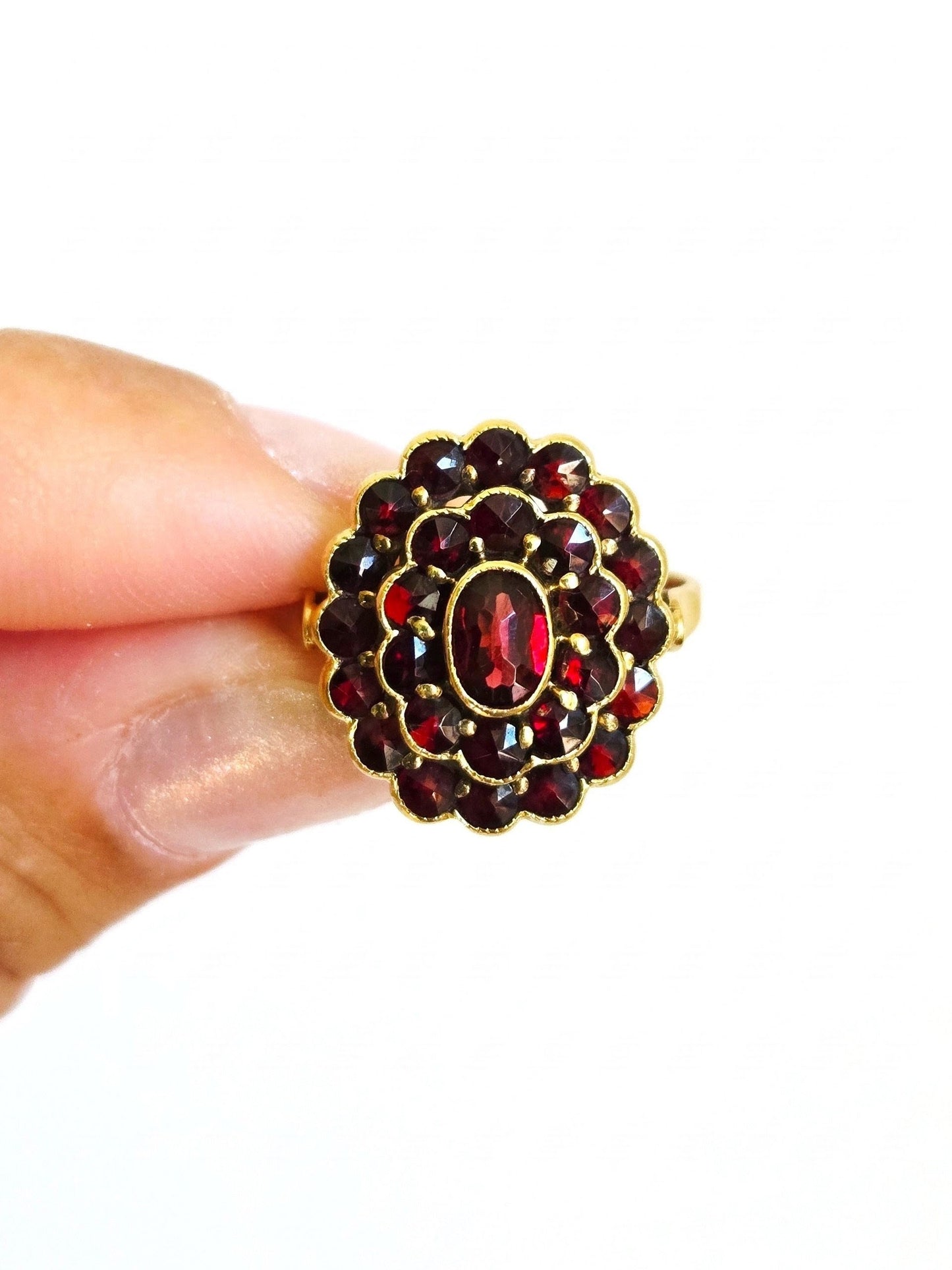 Antique 14K Gold Garnet Cluster Ring, 1920s Art Deco Era - Size 8, January Birthstone
