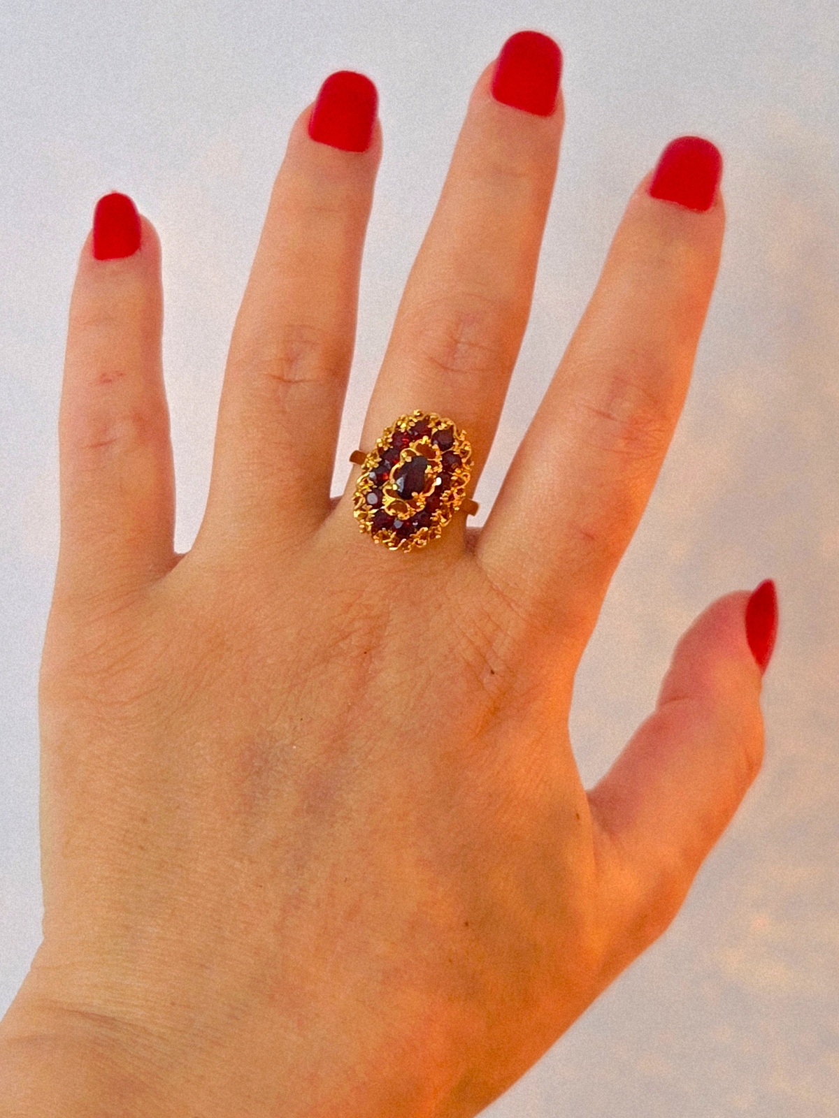 Vintage 18K 750 Gold Granat Filigran Ring - Größe 7.5, italienische Punzen