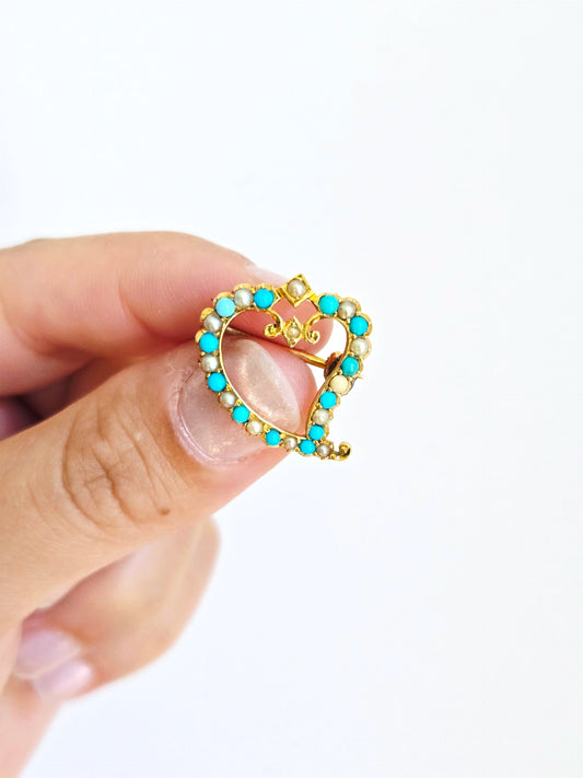 Antique 15ct Gold Victorian Turquoise & Seed Pearl Heart Brooch