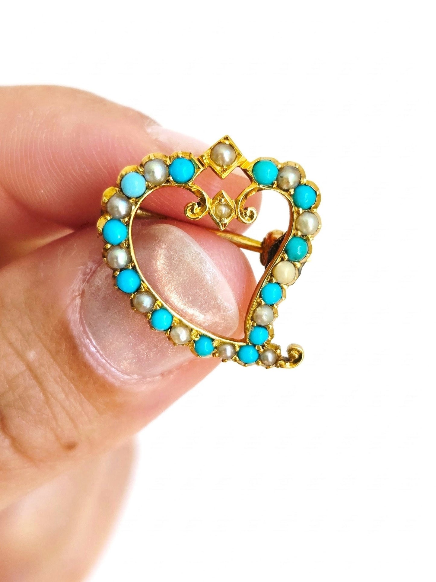 Antique 15ct Gold British Victorian Era Heart Brooch Turquoise Cabachon Seed Pearl Pin