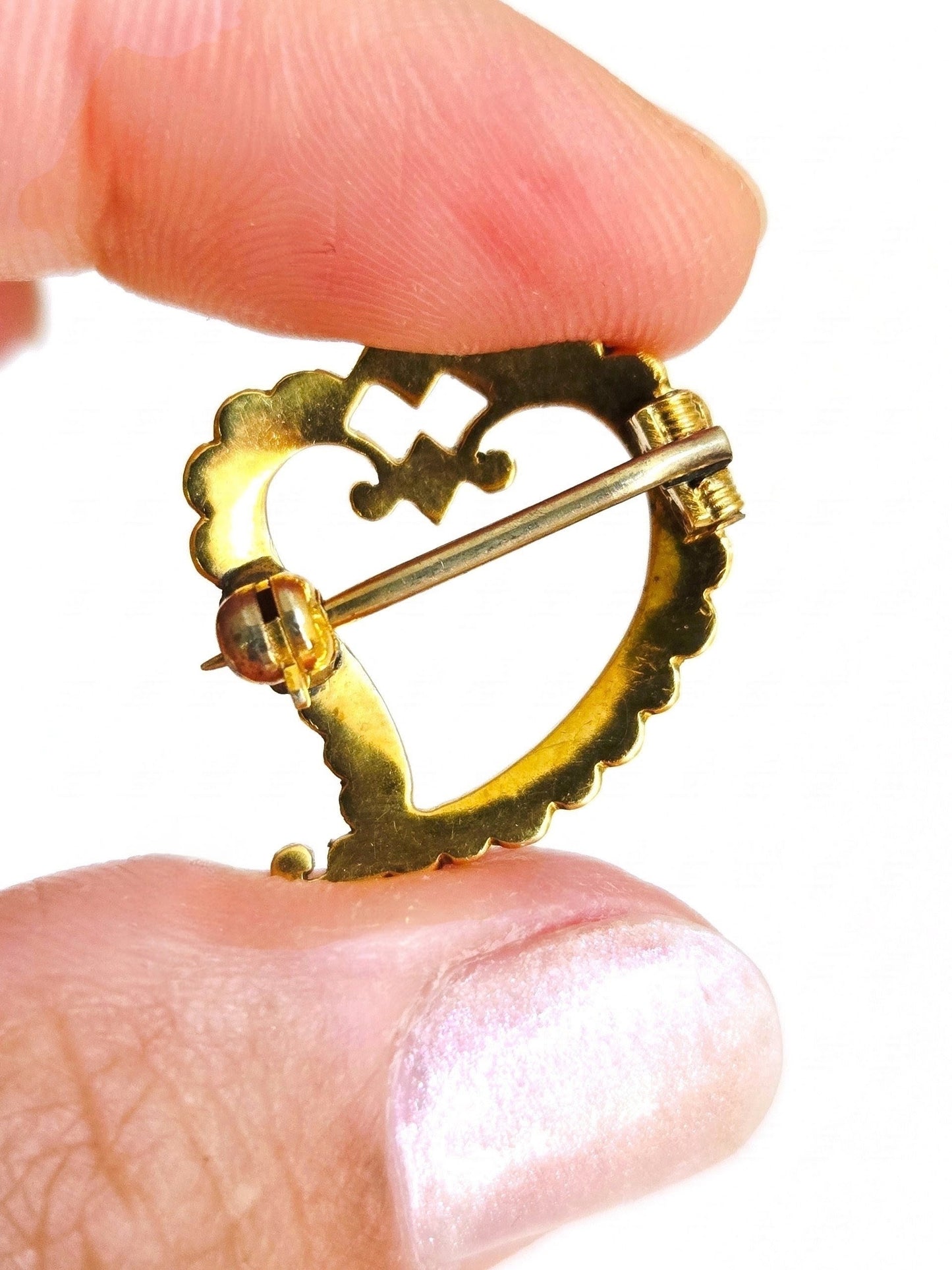 Antique 15ct Gold British Victorian Era Heart Brooch Turquoise Cabachon Seed Pearl Pin