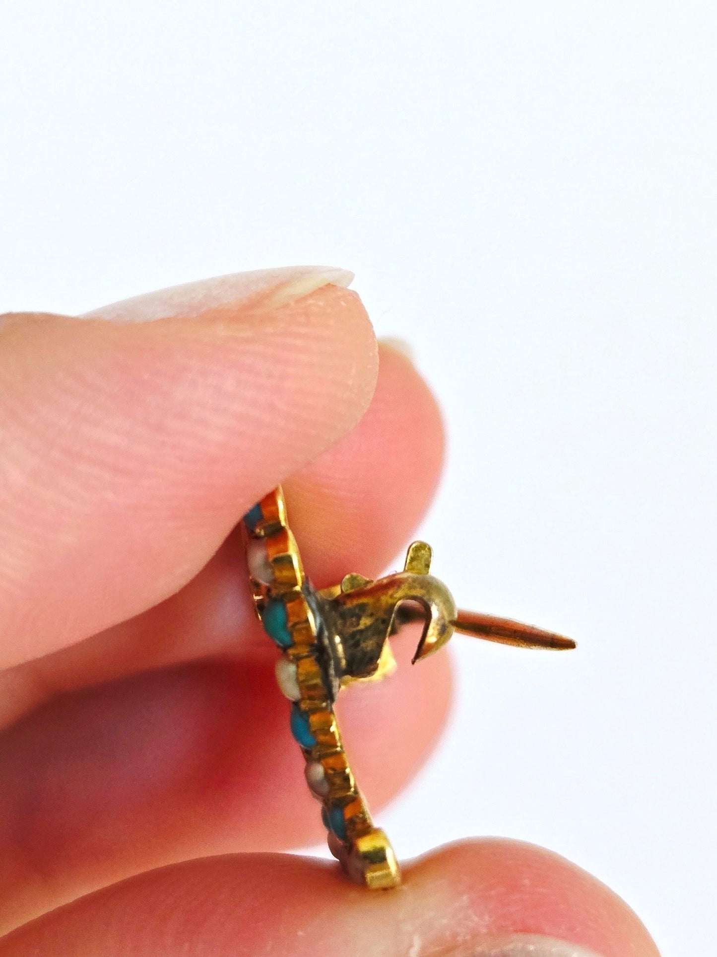 Antique 15ct Gold British Victorian Era Heart Brooch Turquoise Cabachon Seed Pearl Pin