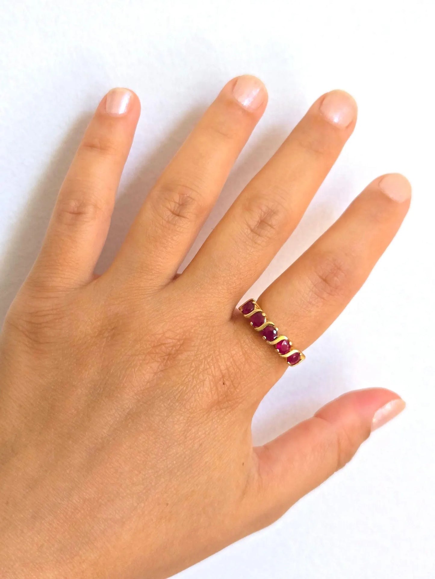 Vintage 14K Gold Ruby Band Ring - Size 7.5, July Birthstone