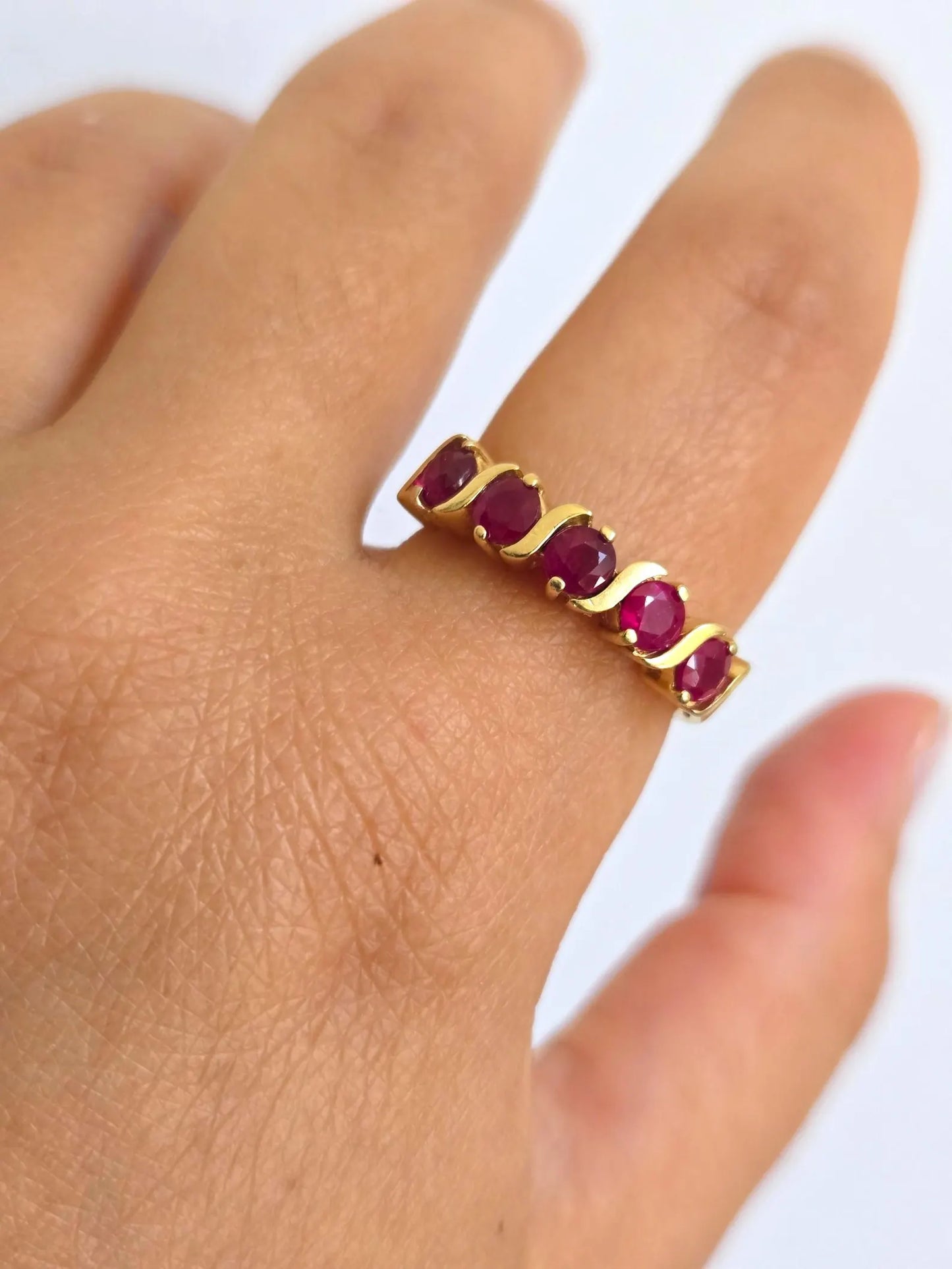 Vintage 14K Gold Ruby Band Ring - Size 7.5, July Birthstone