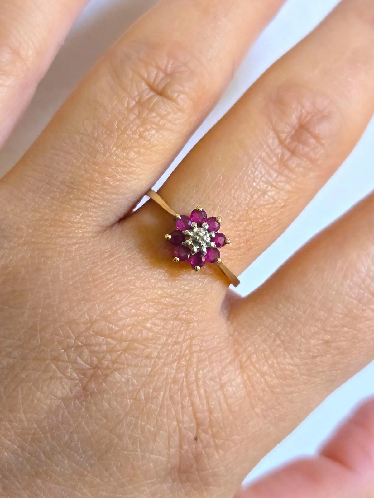 Vintage 10K Gold Ruby & Diamond Flower Ring