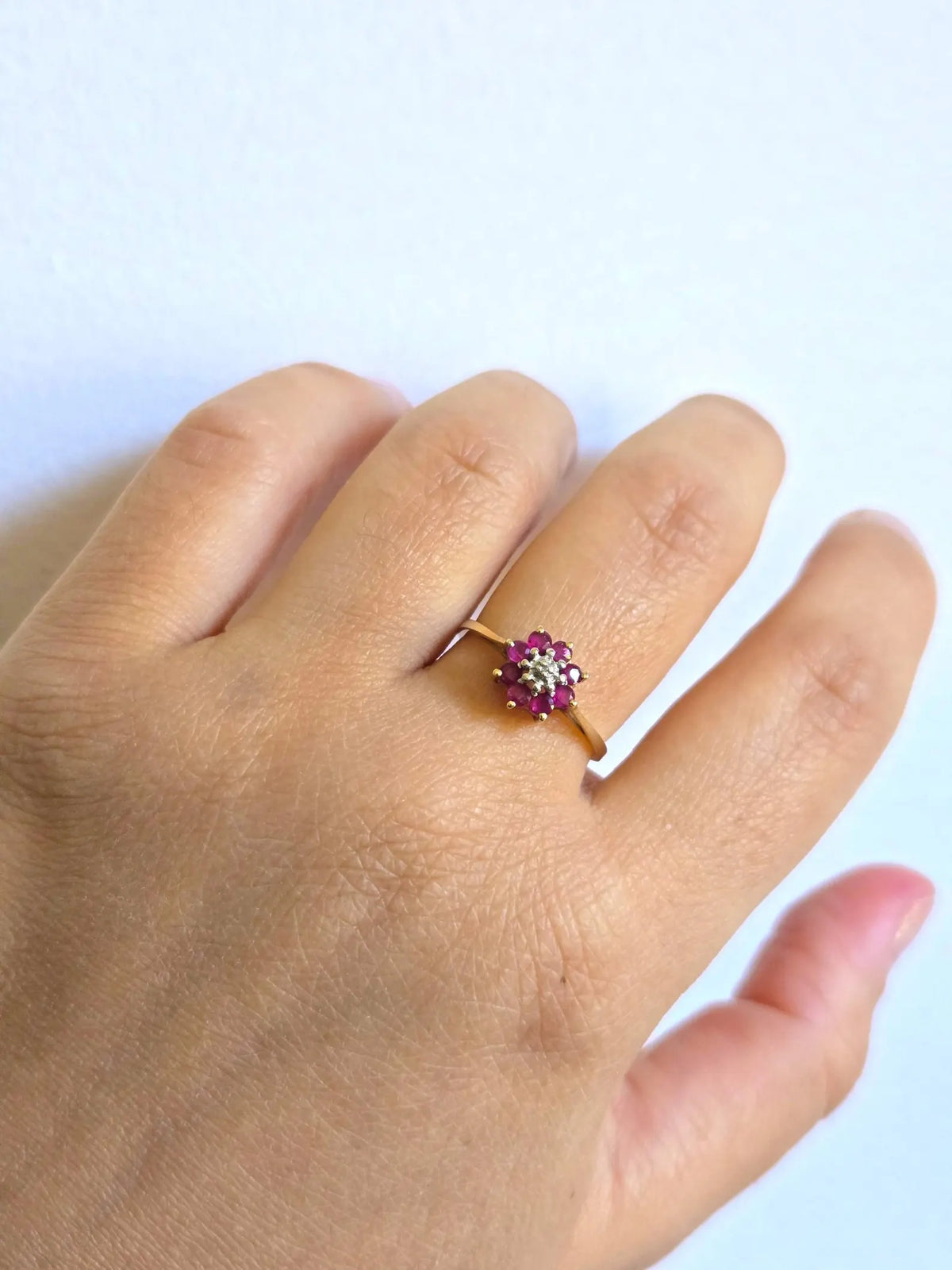 Vintage 10K Gold Ruby & Diamond Flower Ring