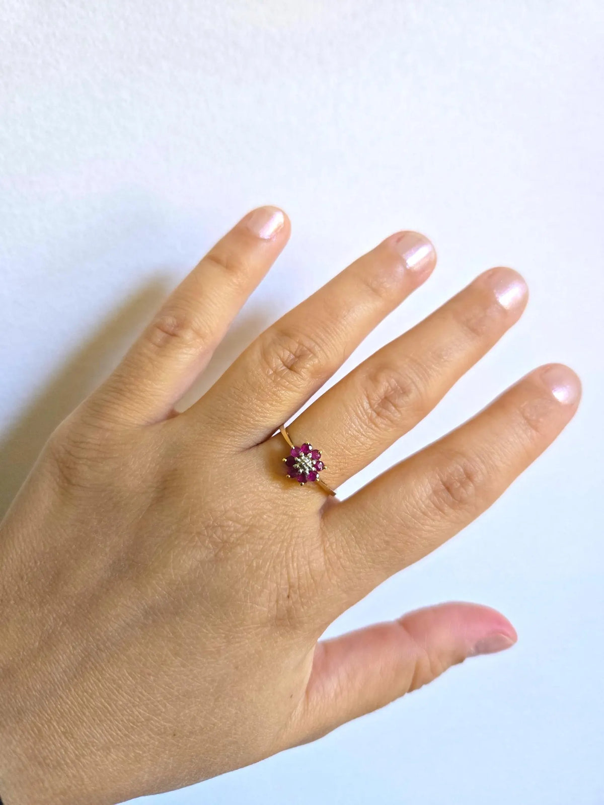 Vintage 10K Gold Ruby & Diamond Flower Ring