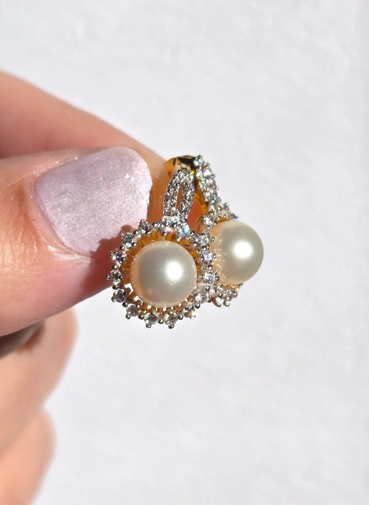 18K Gold Pearl & Cubic Zirconia Pendant and Earring Set