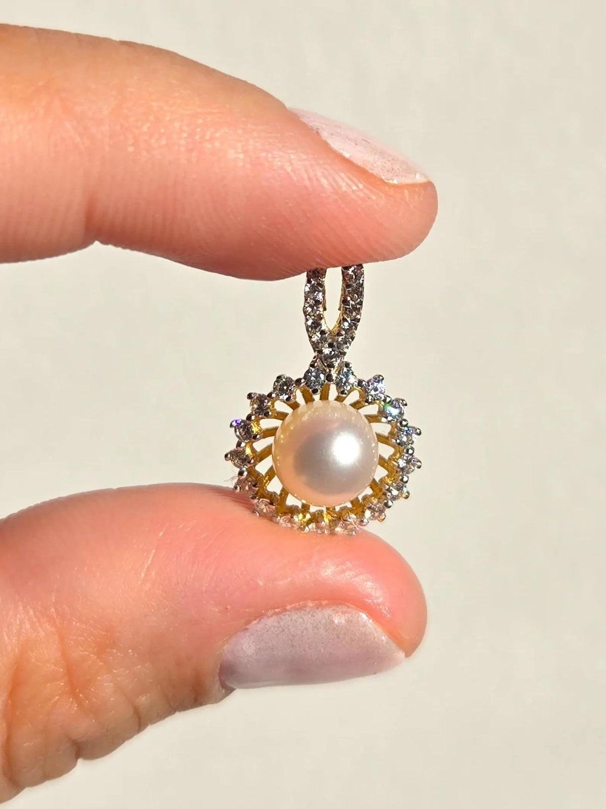 18K Gold Pearl & Cubic Zirconia Pendant and Earring Set