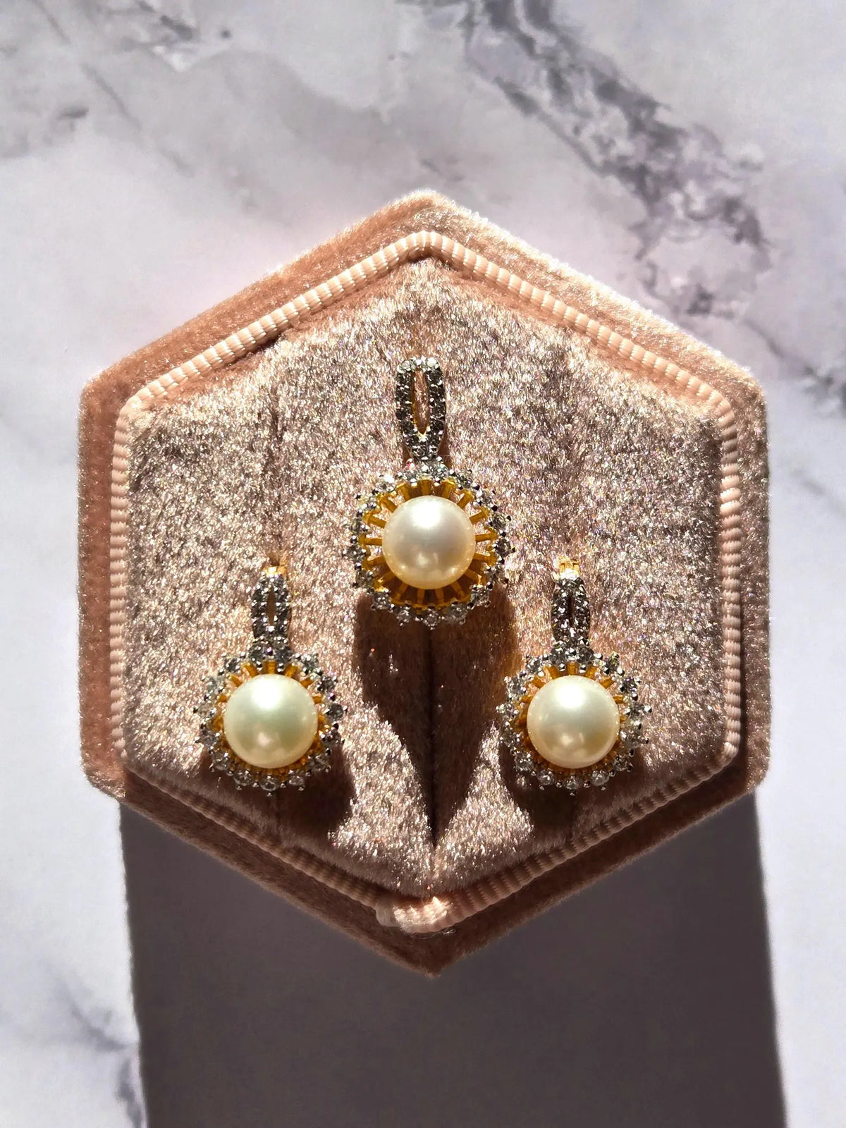 18K Gold Pearl & Cubic Zirconia Pendant and Earring Set